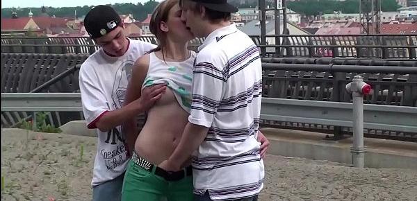  Cum on the face of cute teen Alexis Crystal in public sex gang bang orgy